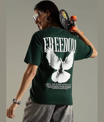 LEWEL Women Cotton Blend Printed Oversized Fit Round Neck T-Shirt ( Bottle Green )