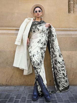 White Satin Crepe Printed Saree