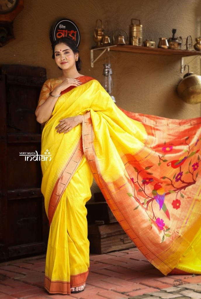 Exclusive Muniya Border - Authentic Handloom Pure Silk Muniya Border Paithani - Bright Yellow with 3 Parrots Pallu (High Quality Silk) - Sarees | Buy online on ZillyBuy