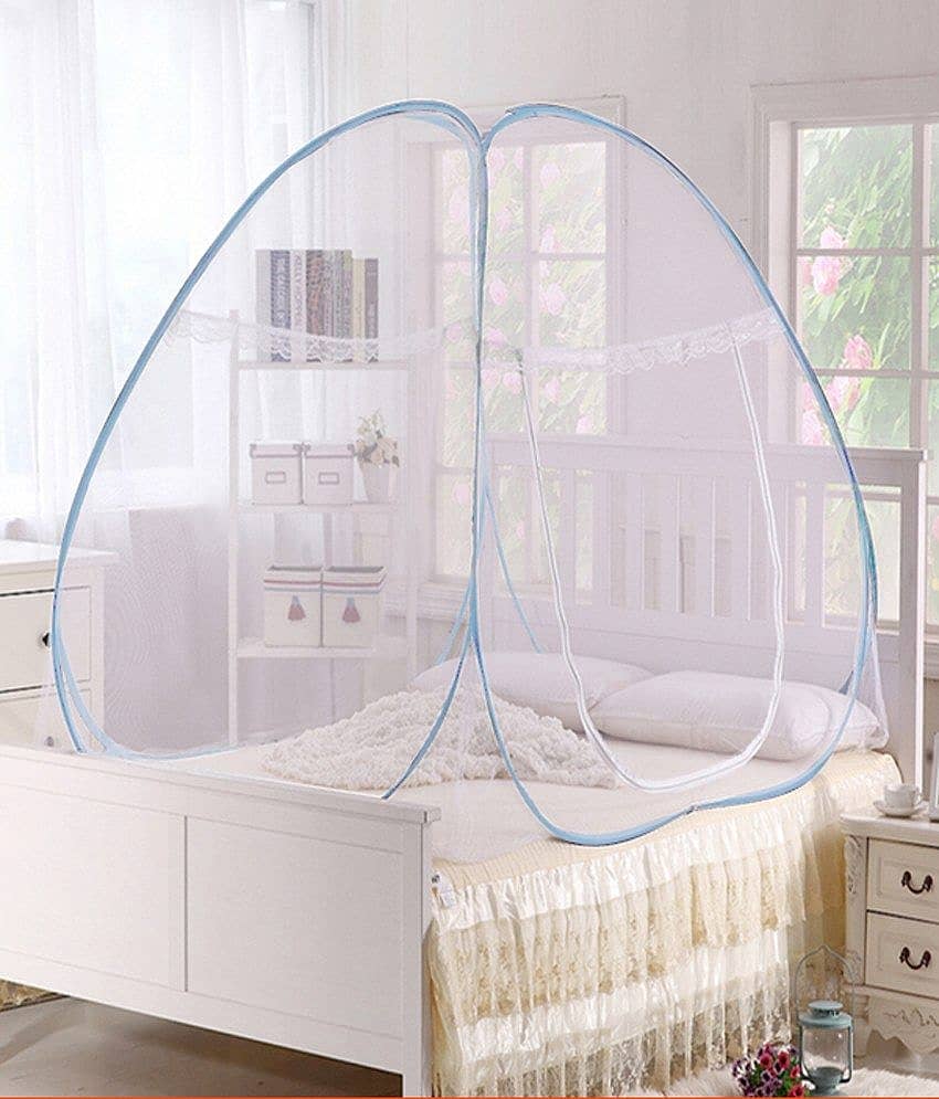 Pindia White & Blue Polyester Single Mosquito Net