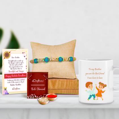 Designer Pearl Rakhi with Mug for Brother and Roli Chawal Pack, Best Wishes Greeting Card