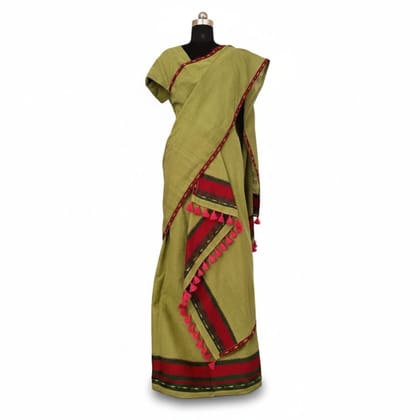 Olive Green Cotton Saree with Red Border and Tassels