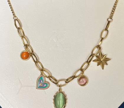 Anti Tarnish Stainless Steel Green stone Charm Necklace