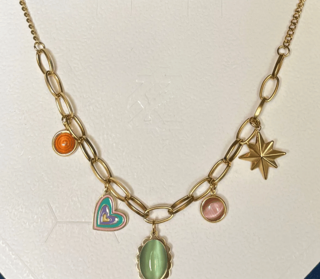 Anti Tarnish Stainless Steel Green stone Charm Necklace