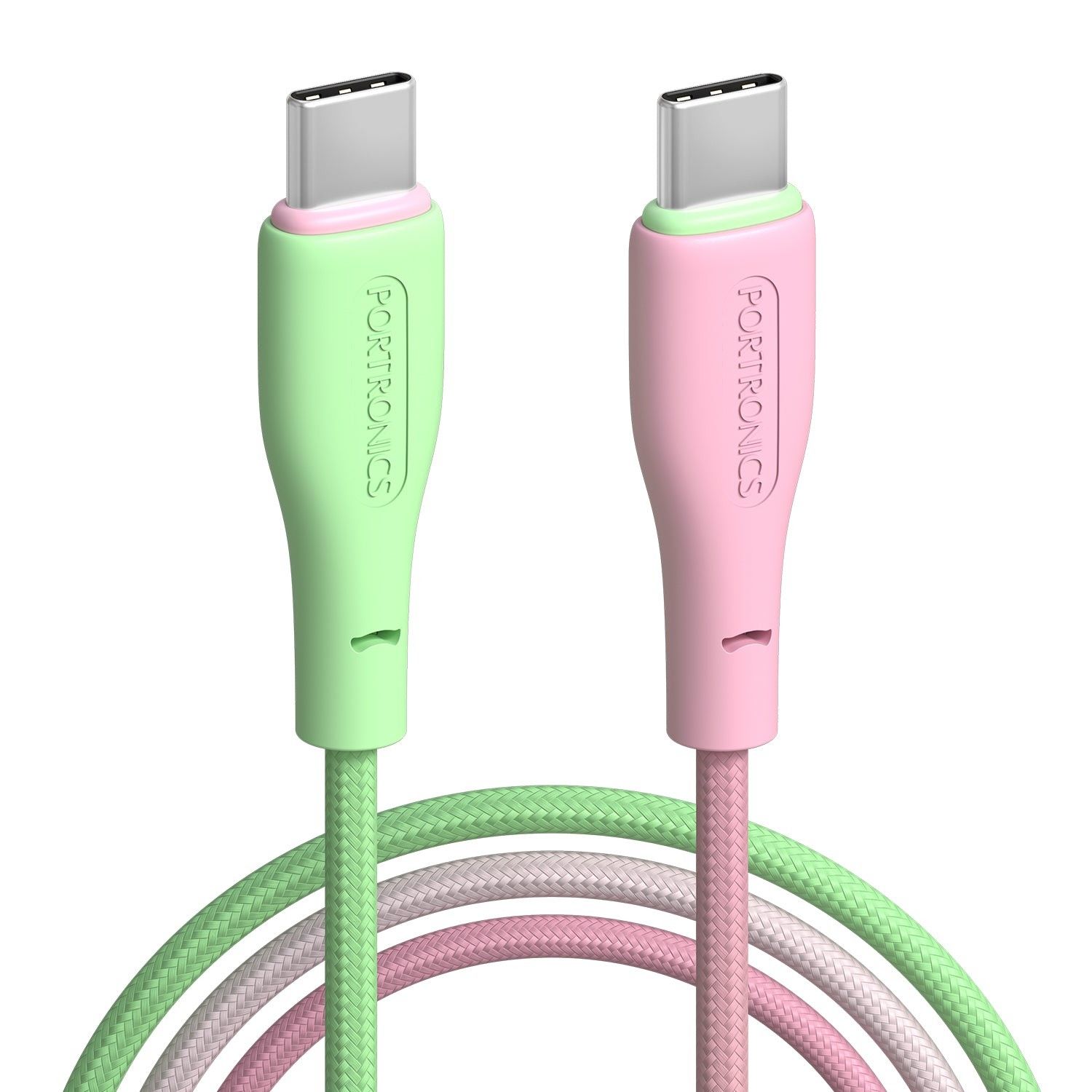 Portronics HUE X - Type C To Type C 60W 1M 60W Max Output, Premium Braided Cable, Type C to Type C Cable - Green-Pink