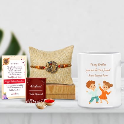 Designer Peacock Rakhi with Mug for Brother and Roli Chawal Pack, Best Wishes Greeting Card
