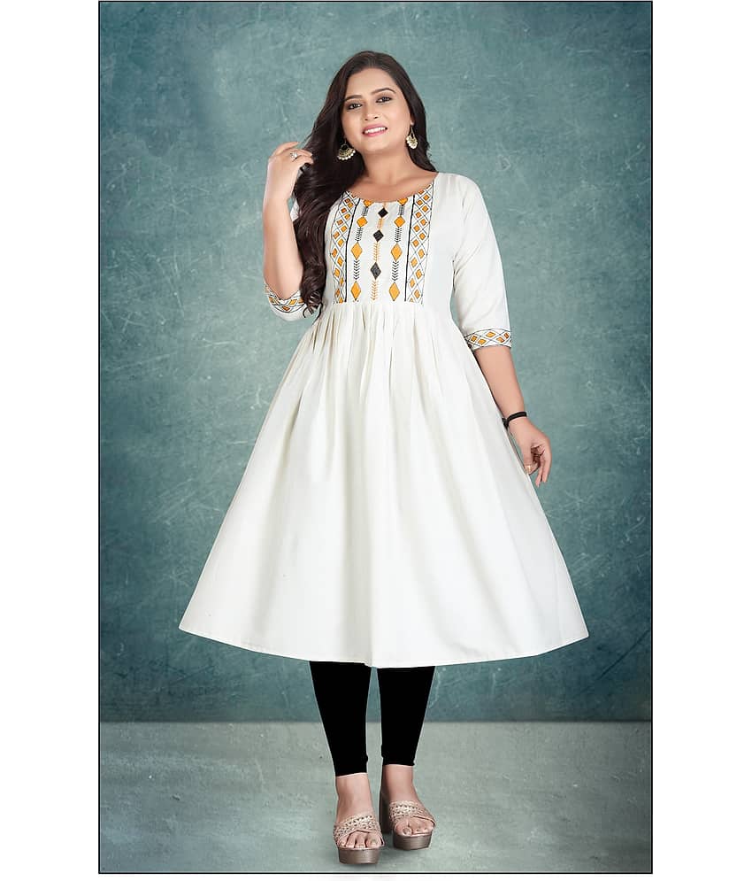 Hetsa Women Cotton Embroidered Anarkali Kurti ( Off White )