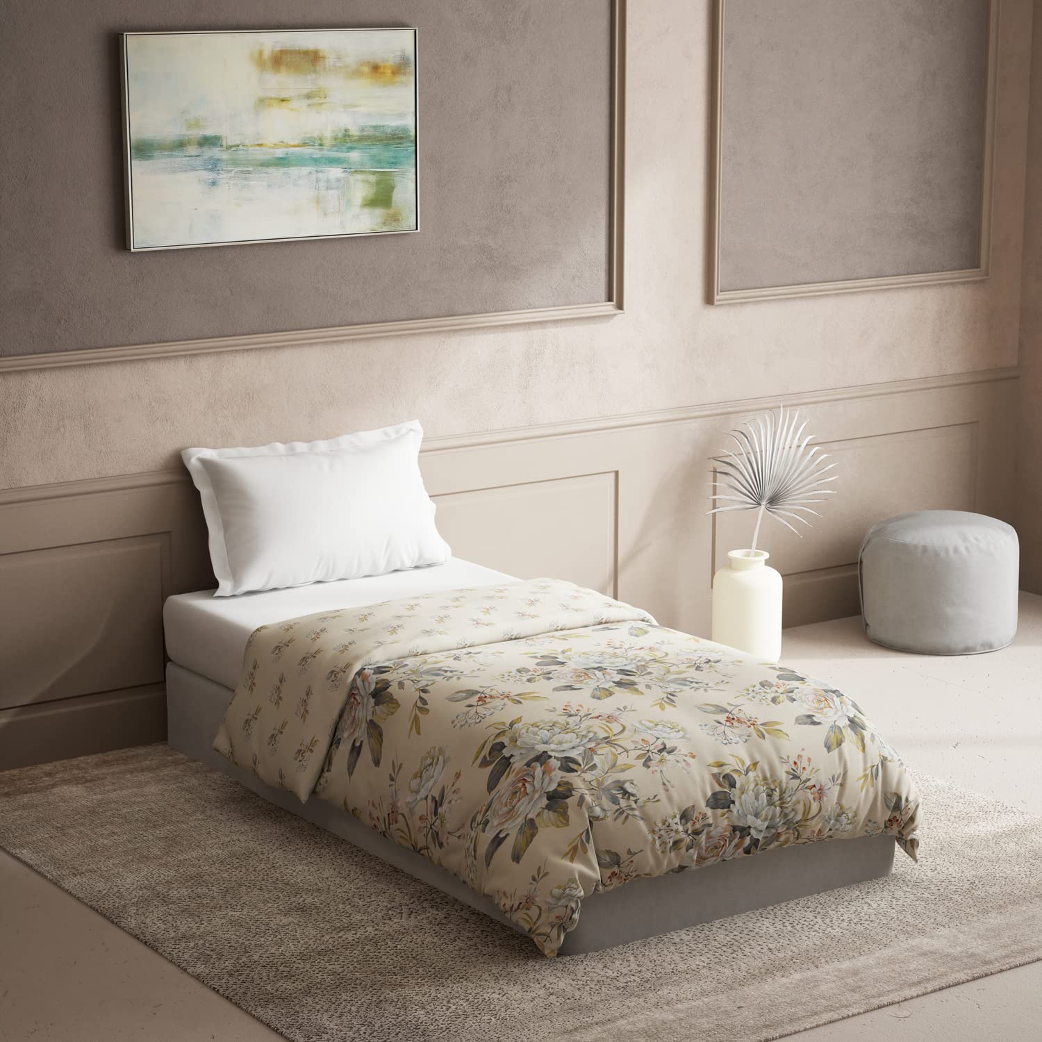 DDECOR - Zeta Collection 100% Cotton Floral Pattern 136TC Single Quilt|152 CM X 229 CM| - Beige
