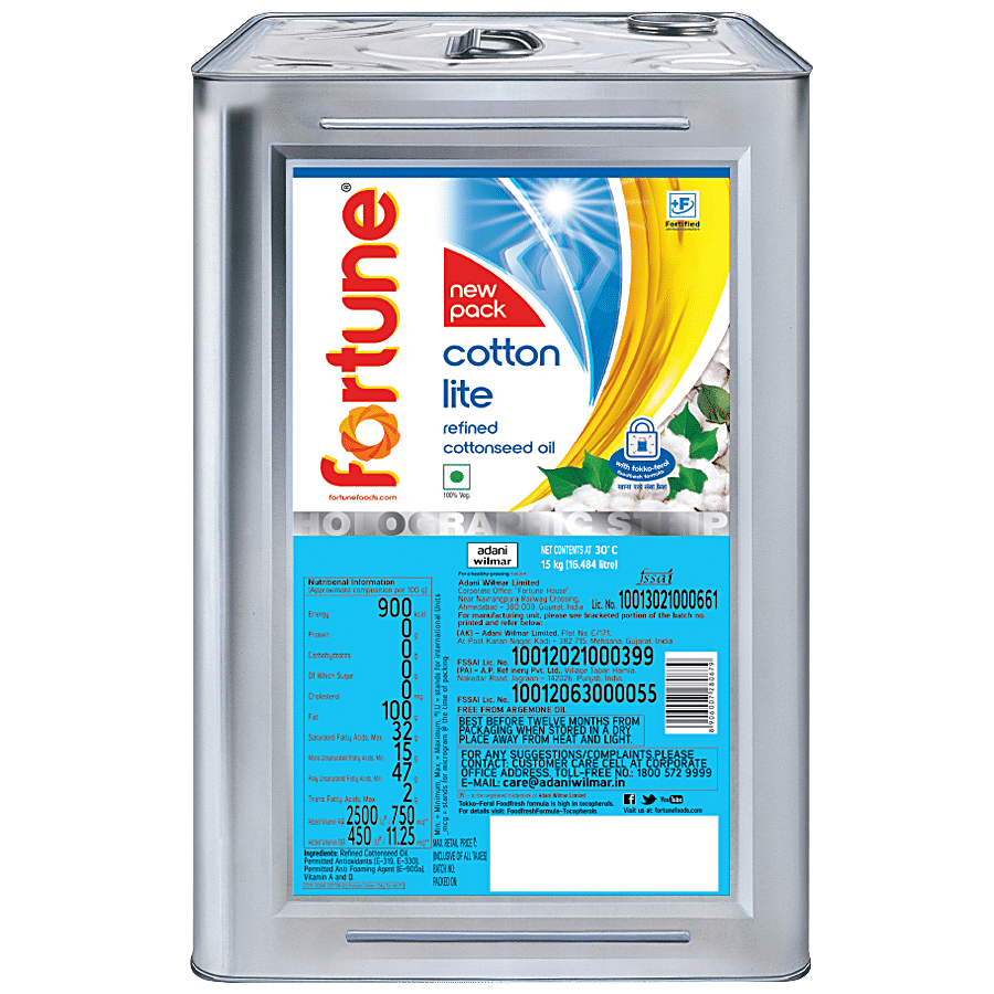 Fortune Cotton Lite Refined Cottonseed Oil, 15 Kg Tin