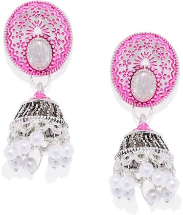 Spargz Oval Alloy Silver Oxidize Plated AD Stone Jhumki Earring For Women TER_232