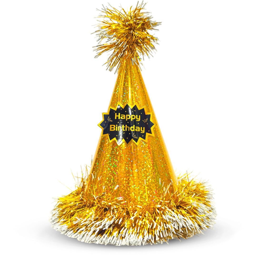 Happy Birthday Golden Glittery Hat with Fringe - 1PC