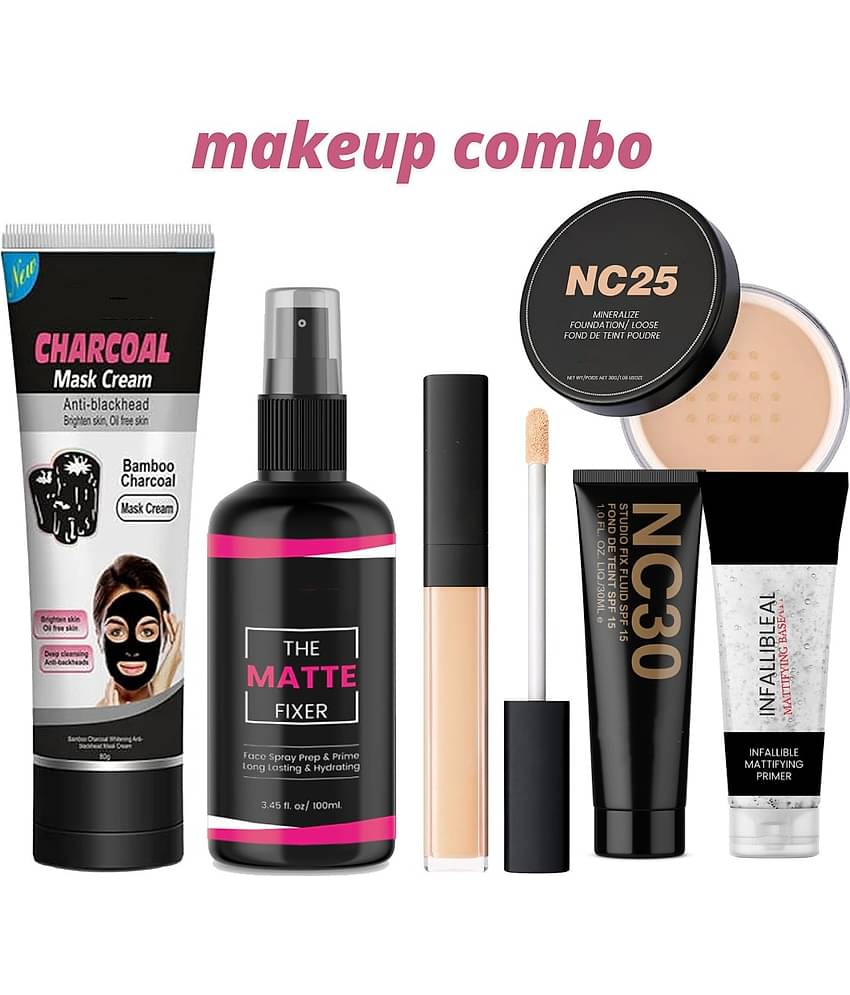 Swenky Combo Of Fixer Primer Foundation Loose Powder Concealer & Charcoal Face Mask (Pack of 6)