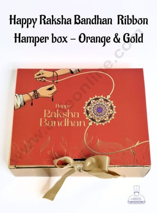 Happy Raksha Bandhan Foil Print Ribbon Hamper box - (1 Pc) Orange & Gold  - CAKE DECOR™