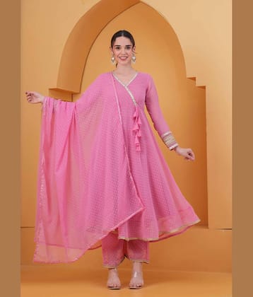 HIGHLIGHT FASHION EXPORT Women Georgette Self Design Angrakha Kurti With Pants ( Pink )