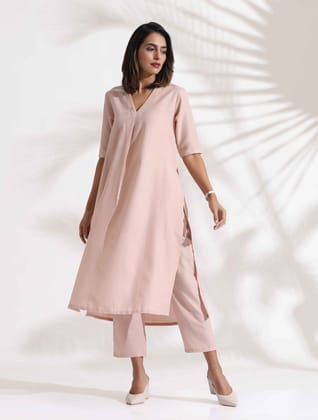 trueBrowns Light Pink Slub Kurta Set - Pink (L)