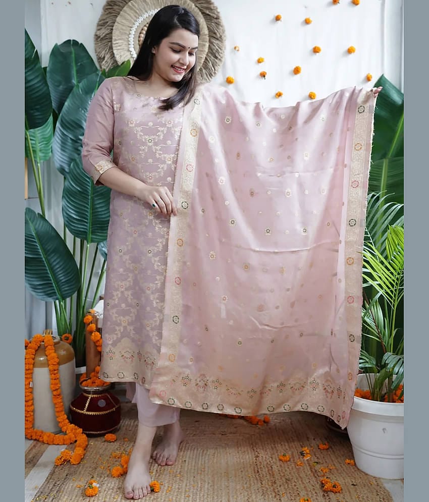 kedar fab Women Silk Blend Self Design Straight Kurti With Pants ( Peach )