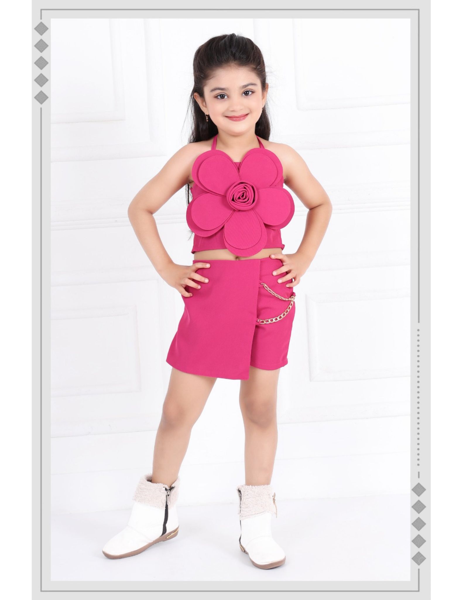 Girls Pink Flower Co-Ord Set [GCS-3044](1-12Years)-9M-12M (Size - 16) / Pink / Imported