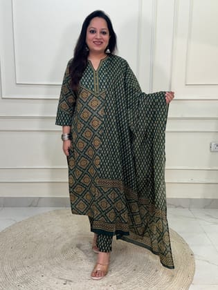 Noorie Ajrakh 3 piece premium Cotton Suit Set- Green-M-38