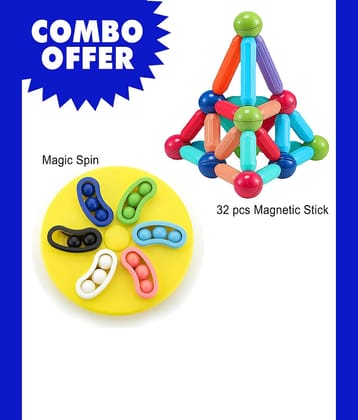 RAINBOW RIDERS Combo Magnetic Sticks 32 pcs Building Blocks for Kids and Magic Spin Plastic Blocks Puzzle Games Toys for Children Educational & Learning for Girls Boys Age 2+ Years