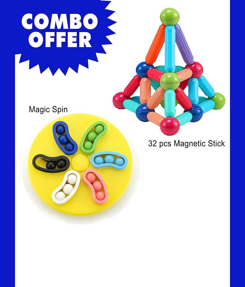 RAINBOW RIDERS Combo Magnetic Sticks 32 pcs Building Blocks for Kids and Magic Spin Plastic Blocks Puzzle Games Toys for Children Educational & Learning for Girls Boys Age 2+ Years