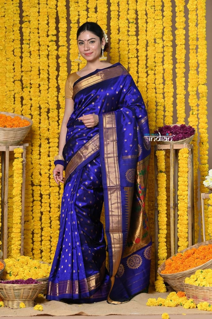 Topselling Rajsi~ Handloom Pure Silk Maharani Paithani with all over Dense Buttis~ Royal Blue - Sarees | Buy online on ZillyBuy