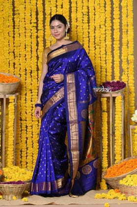 Topselling Rajsi~ Handloom Pure Silk Maharani Paithani with all over Dense Buttis~ Royal Blue
