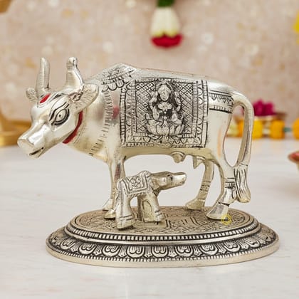 Aluminium Cow Idol � Sacred Silver Metal Artwork, Height : 4.2 Inch (ASMAS480 S)