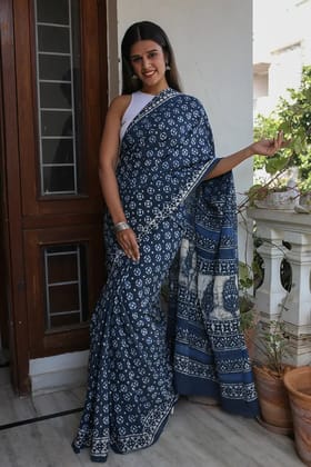 MOORA Twilight Grey Dabu Hand Block Print Mulmul Cotton Bagru Saree Length 5.50 Meters Width 45 Inches with Blouse Piece 1 metre