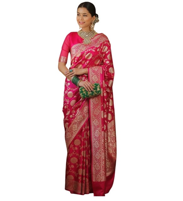 Generic Women's Jacquard Printed Saree with Unstitched Blouse Piece, Soft Lightweight 5.5 m Sari for Daily, Office and Wear (Pink, Design 67654)