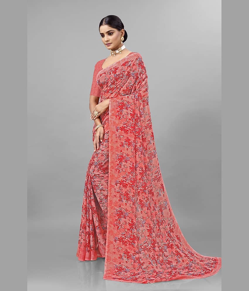 Kanooda Prints Georgette Printed Saree With Unstitched Blouse Piece ( Peach )