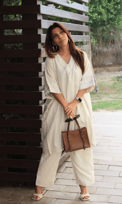 Cotton Linen Blend Dobby Laced Kaftan Coord-L