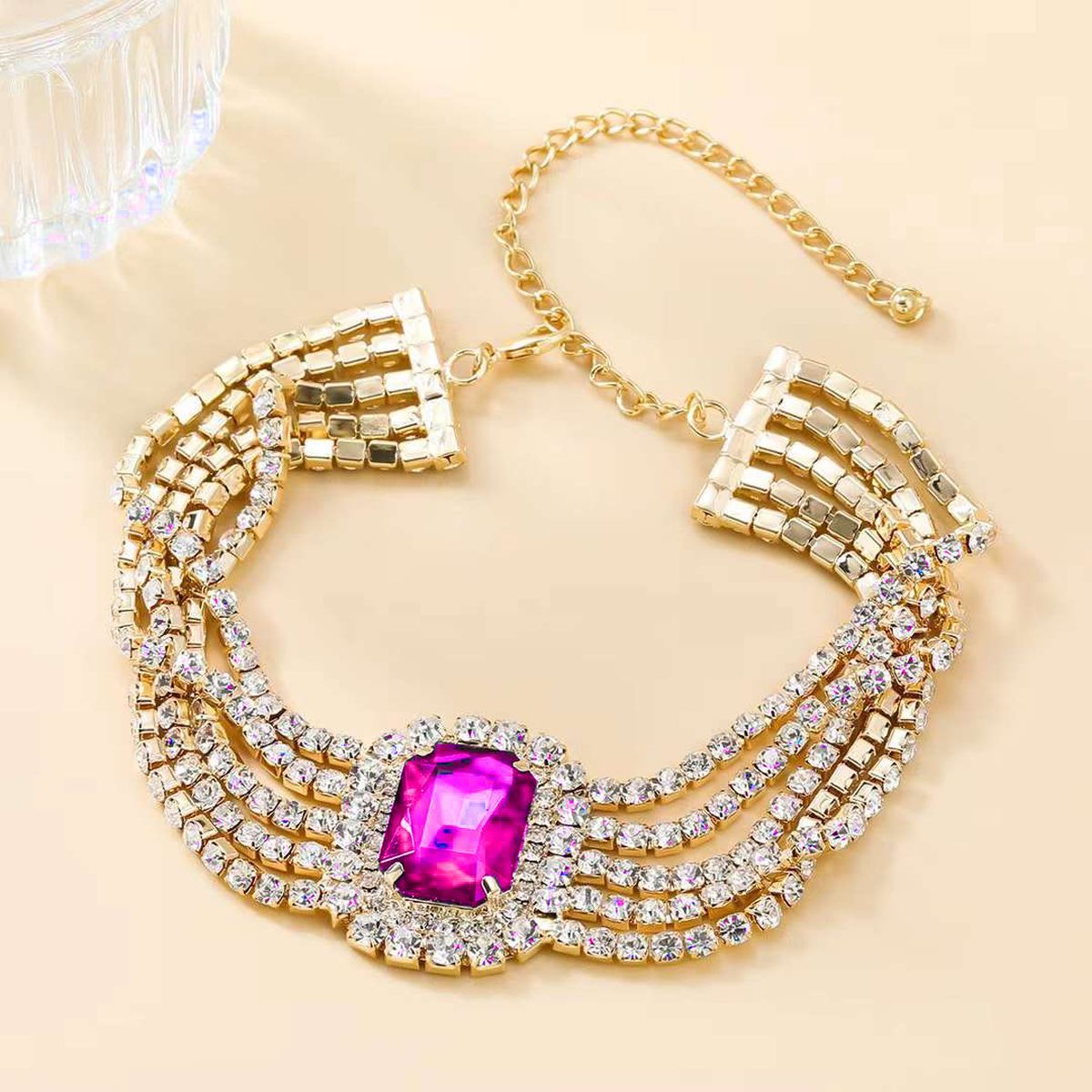 Ruby Pink 18K Gold Anti Tarnish Cubic Zirconia Crystal Choker Necklace For Women-Blue