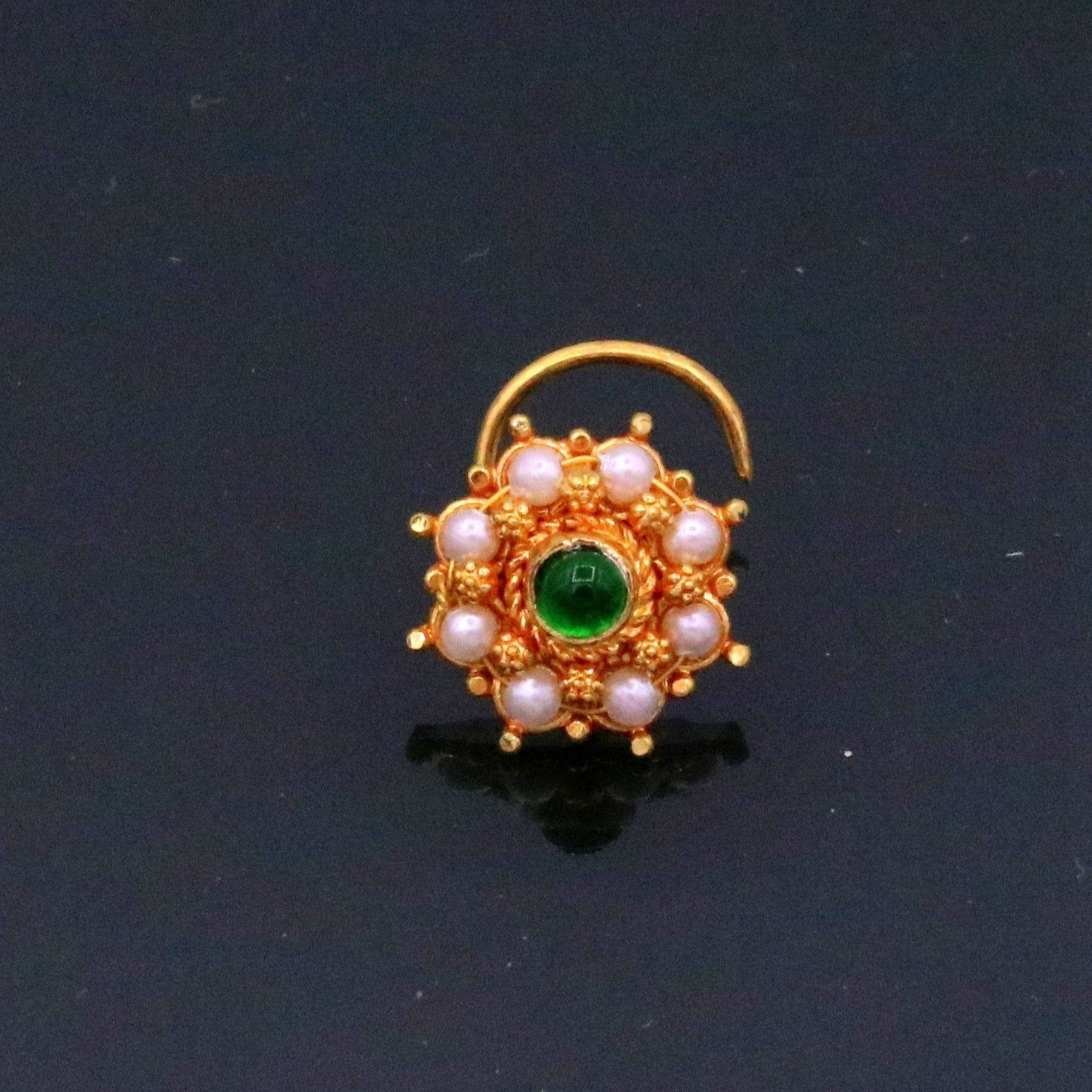 20kt ct excellent vintage antique designer nose pin pearl and green onyx stone fabulous stylish girl's women's nose pin party jewelry  gnp14