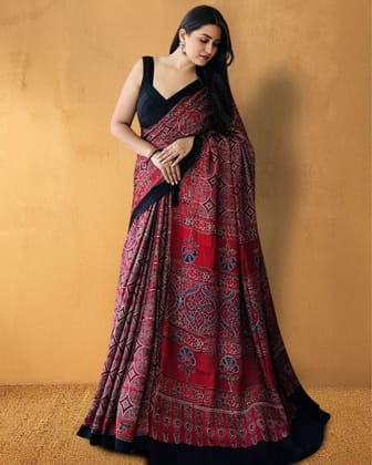Heritage Hues  Elegant Modal Silk Ajrakh Saree Red