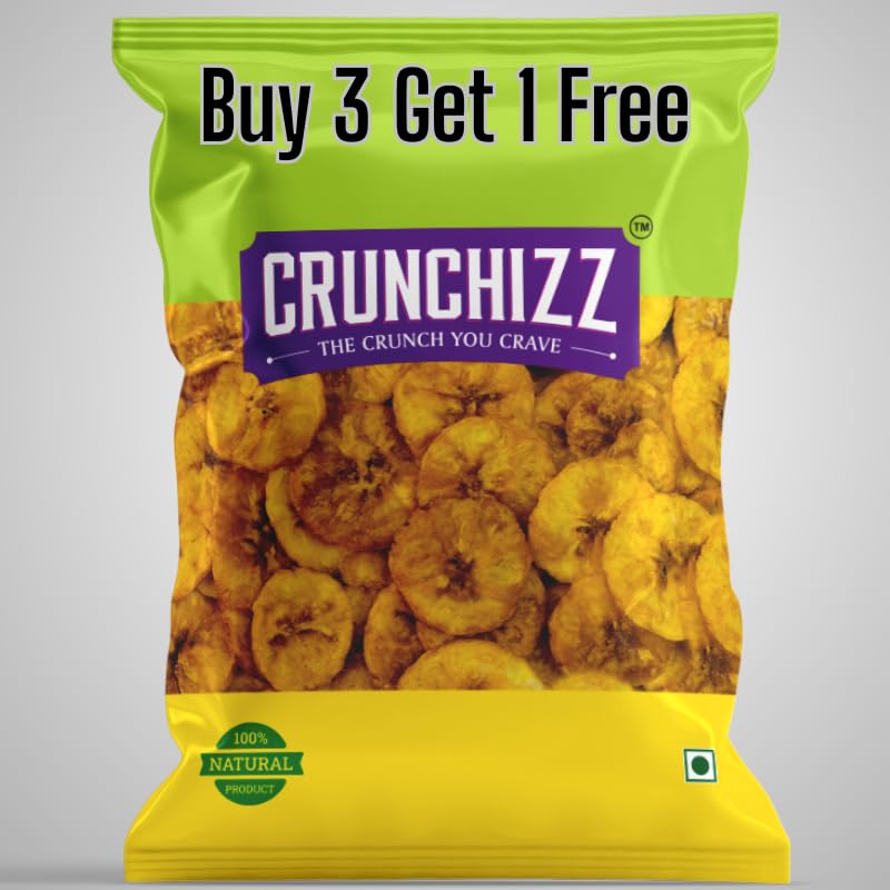 CRUNCHIZZ Snacks - Buy 3 Get 1 FREE Offers - Authentic Kerala Style Yellow Banana Chips I Traditional South Indian Recipe I No Artificial Additives or Preservatives I Perfect Munchy Bites I 300 Grams x 4 Packs (Total 1.2 Kg) - Ripe Banana Chips (Sweet)