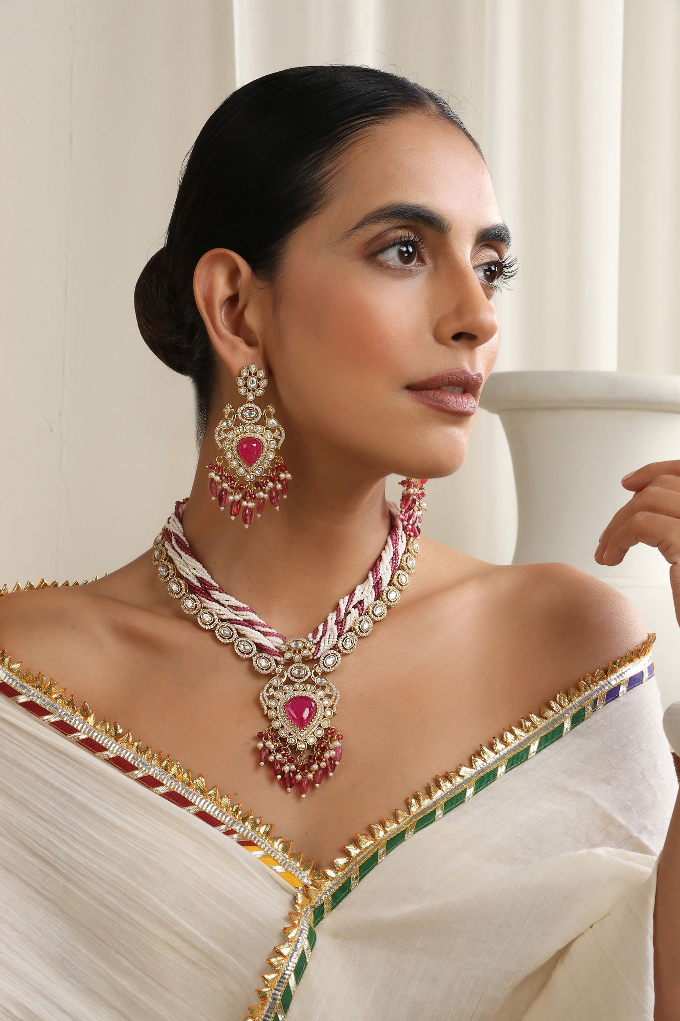 Iqra Red Polki Long Necklace Set-Polki
