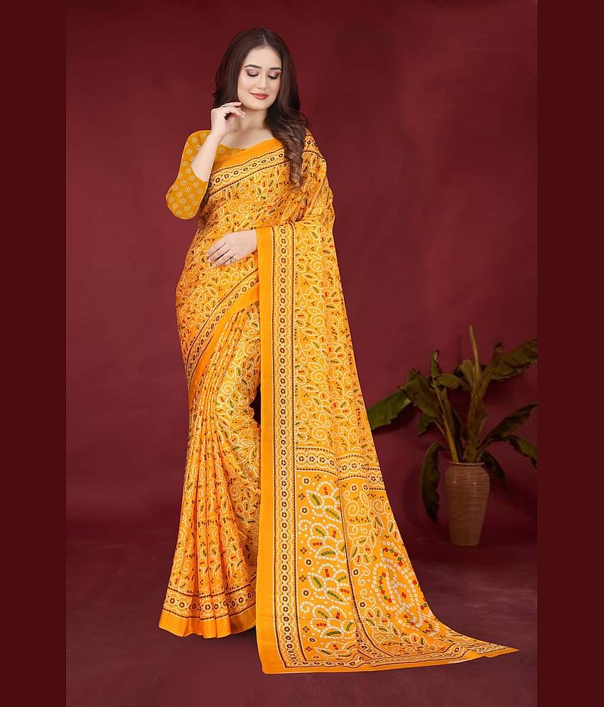 JIHANA FAB Chiffon Printed Saree With Unstitched Blouse Piece ( Yellow )