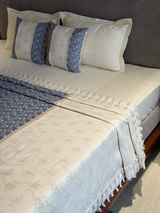 KRI India Ivory Bloom 3D embroidered bedcover set | Ivory & Steel blue  | 108x108 inches  | Wash & Care | 100% Cotton | Handcrafted in India. 100% organic & natural.