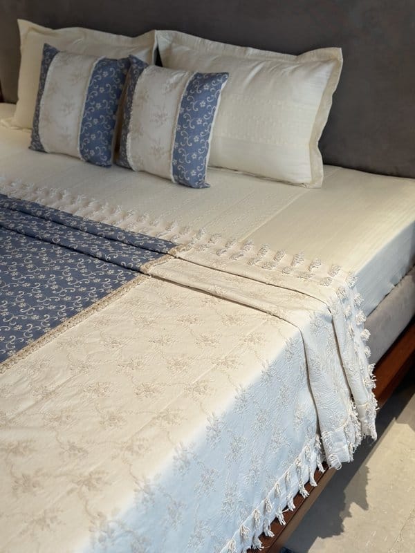 KRI India Ivory Bloom 3D embroidered bedcover set | Ivory & Steel blue | 108x108 inches | Wash & Care | 100% Cotton | Handcrafted in India. 100% organic & natural.