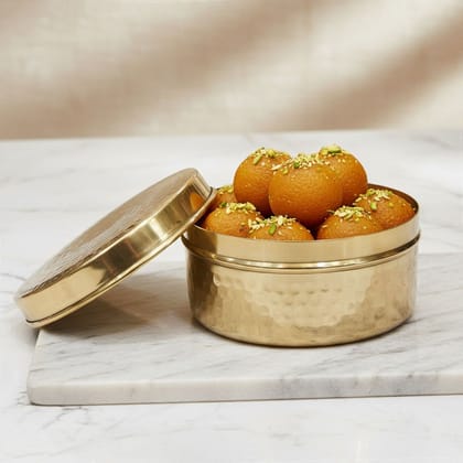 Decorative Brass Laddu Box | Religious Offering Storage, Height : 2.2 Inch (ZMAS645 C)