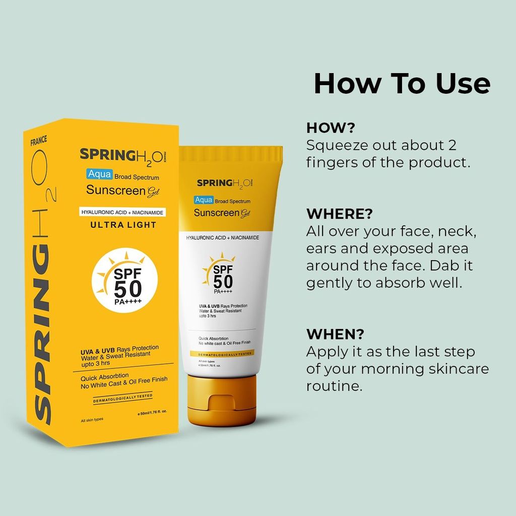 Spring H2O Aqua Broad Spectrum Sunscreen Gel SPF 50 PA++++ with Hyaluronic Acid + Niacinamide for UVA & UVB Rays Protection