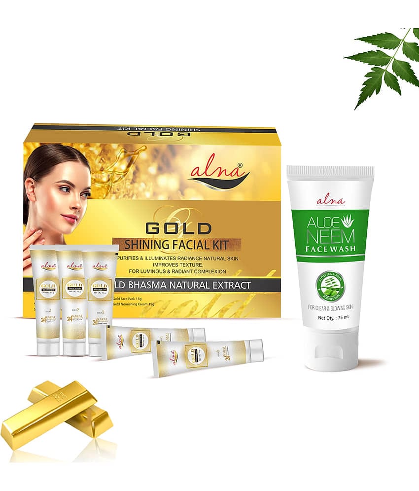 Alna Gold Shinning Facial Kit 75gm with Aloe Neem Face Wash 75ml For All Skin Type , Pack of 2