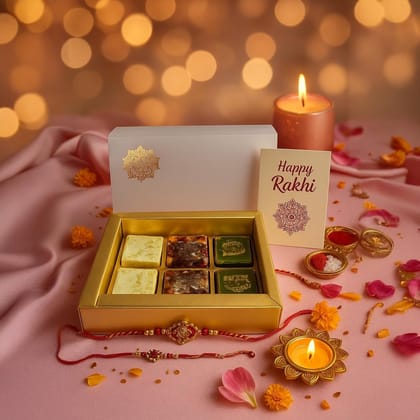 Ghasitaram's Assorted Mithai Bites Festive Food Gift Pack with Rakhi, Roli Chawal, 4 Count, Vegetarian, Dry Fruits and Nuts, 280 Grams