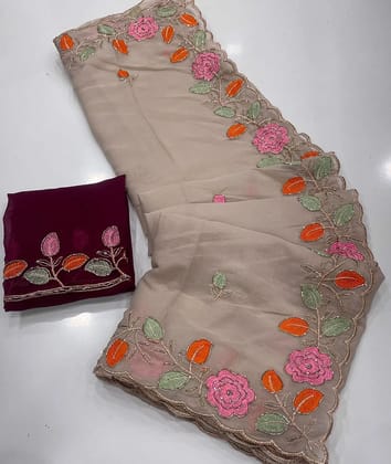 Star Georgette saree with embroidery work all over saree and beautiful  flower  design with cut work border.