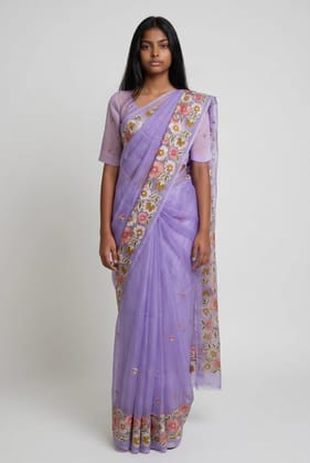 Kota Doria Cotton Saree Lavender Embroidered Floral Buti