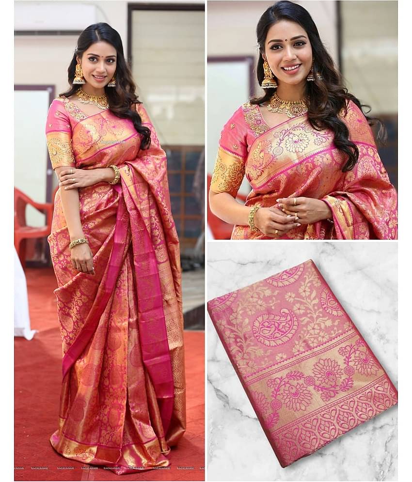 fab woven Art Silk Woven Kanjeevaram Sarees With Unstitched Blouse Piece ( Pink )