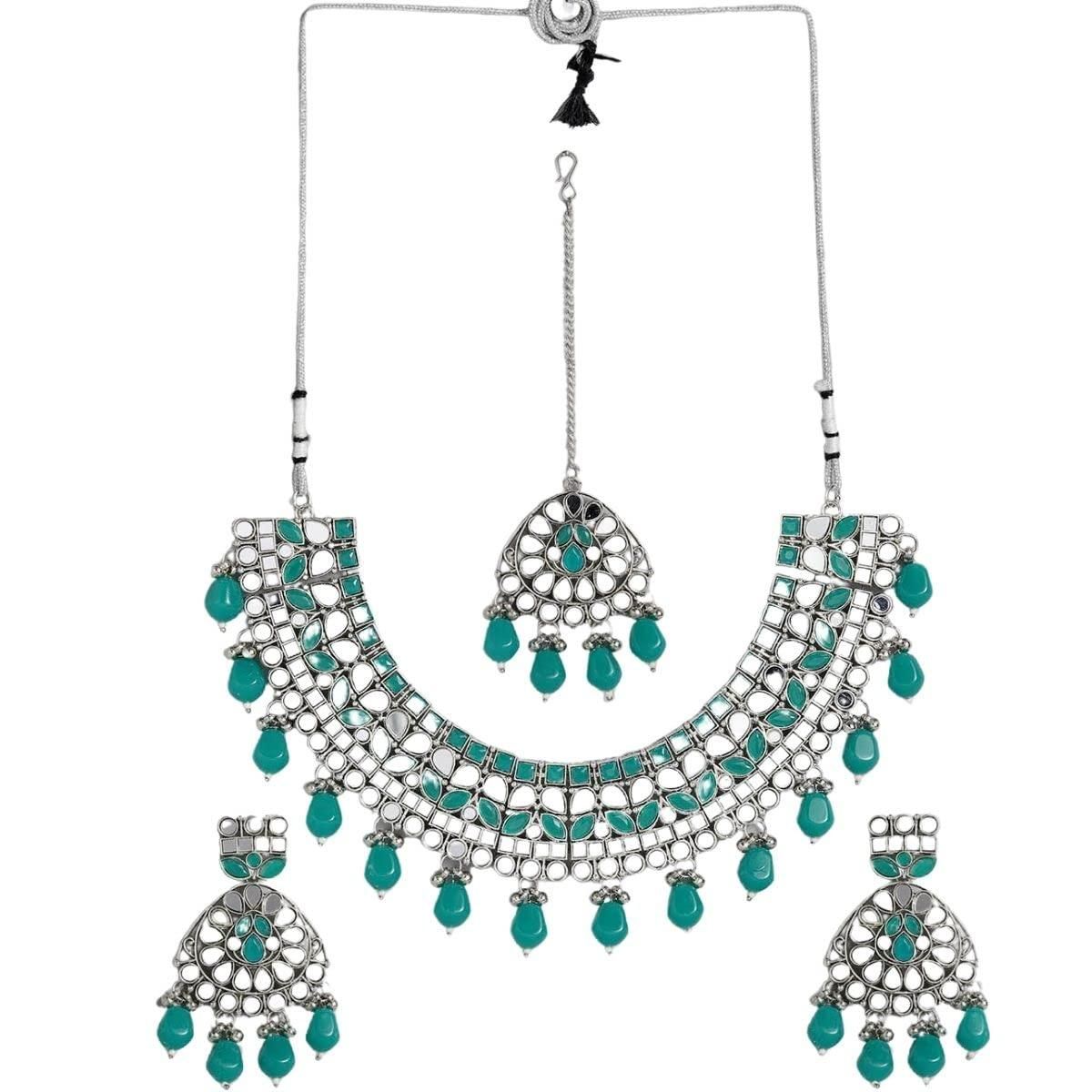 Green Mirror Work Silver-Plated Jewelry Set