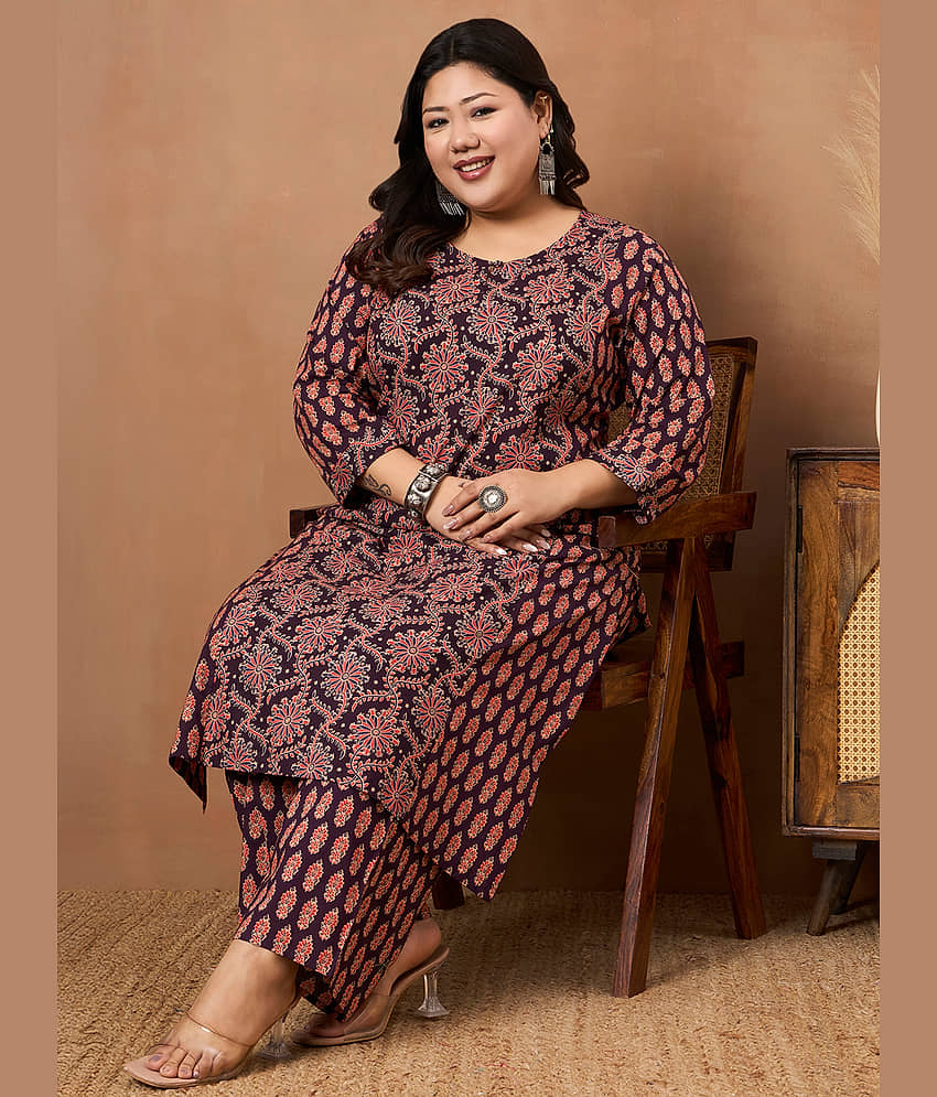 Tissu Women Cotton Printed Straight Kurti With Palazzo ( Purple )