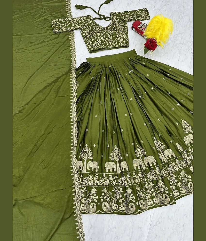 JULEE Green Silk Blends Unstitched Semi Stitched Lehenga