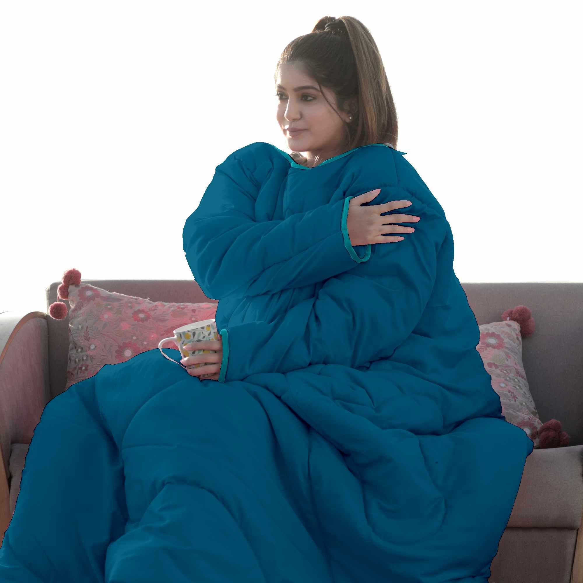 Dark Blue Solid Pattern Reversible Wearable Comforter for Adult-Single / Dark Blue / WC-1011